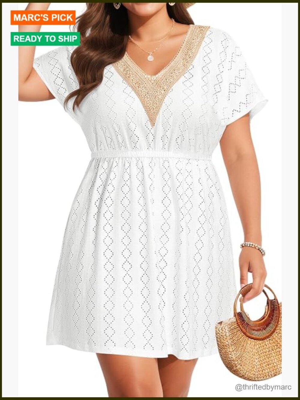 Plus Size Swimsuit Cover Up - Lace V-Neck Hollow Out Beach Dress